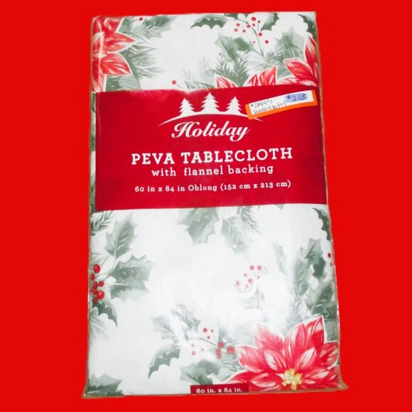 Holiday Peva Tablecloth With Flannel Backing 60" X 84" Oblong Christmas Poinsett - Picture 1 of 3